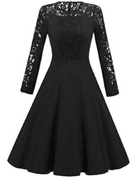Longra Damen Elegant Kleid Rundhals Spitzenkleider Festliche Kleider Damen Langarm Swing Kleid Skaterkleid Knielanges...