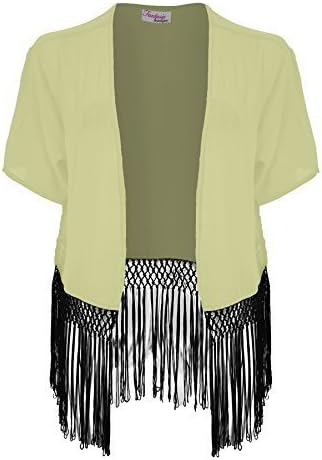 Women's Short Sleeve Open Front Chiffon Ladies Black Tasseled Kimono Shrug [Blush, L (UK 12)]
