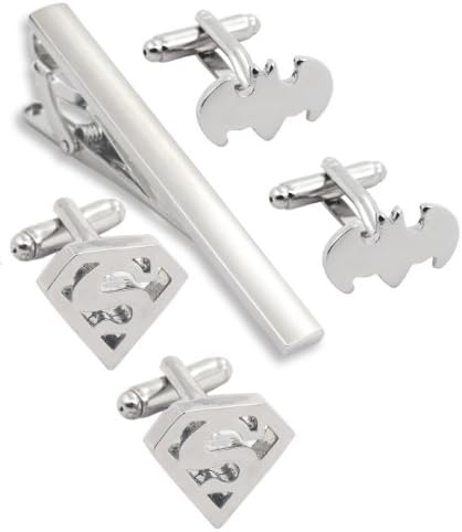 Batman and Superman Stainless Steel Cufflinks Including a Tie Clip (Silver Tone)