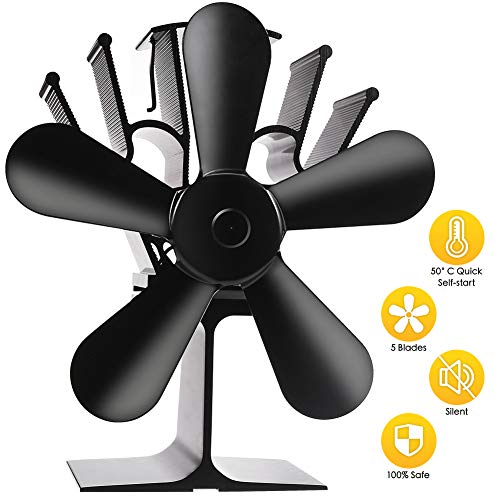 Ventilateur Poele Bois, ZOTO Poêle Ventilateur 5 Pales Silencieux Alimenté Par la Chaleur, Pour Poêles à Bois et Cheminées, Protection de l'environnement + Double protection
