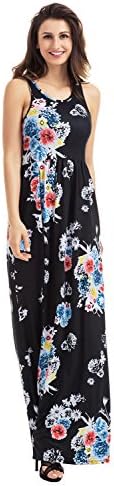Women Floral Print Racerback Casual Tunic Long Maxi Dress (USA XXL=UK 24-26, Black)