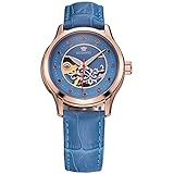 ❤️ .Montre élégantes femmes-bracelet Style-luxe femmes élégantes femmes Boîtier en or avec strass cadran montres mécanique automatique avec bracelet en cuir synthétique bleu et une boîte-cadeau de qualité supérieure.