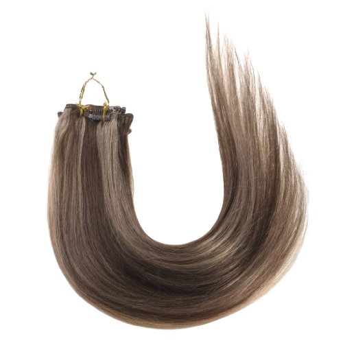 Emosa 7Pcs 70g Clip In Silky Soft Remy Real Human Hair Extensions #4/27 Medium Brown Mixed With Dark Blonde Silky Soft