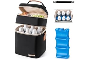BABEYER Breastmilk Cooler Bag with Ice Pack Fits 6 Baby Bottles Up to 9 Ounce, Double Deck Leak-Proof Baby Bottles Bag with Shoulder Strap for Nursing & Working Mom, Black