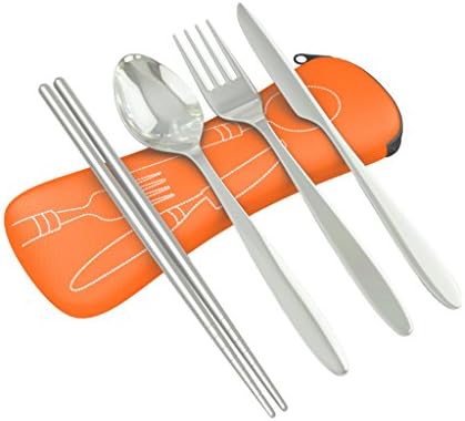 4 Piece Stainless Steel (Knife, Fork, Spoon, Chopsticks) Lightweight, Travel/Camping Cutlery Set with Neoprene Case
