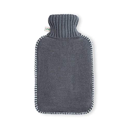 Bouillotte écologique en caoutchouc naturel 2 litres avec couvercle en tricot fin gris foncé et couvercle à coutures blanches - Modèle 2020