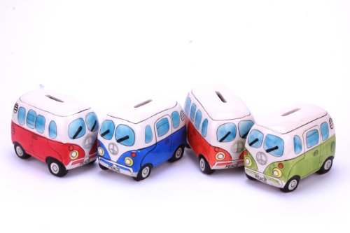 Camper Bus Spardose aus Keramik, 4-fach farbig sortiert