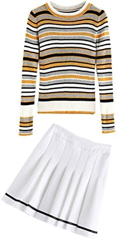 hzff.Autumn Korean fashion dress striped sweater skirt ladies casual suit,Stripe white,M?Skirt Top Sets