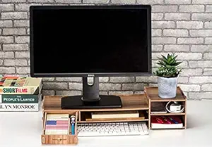 Abhsant Bamboo Monitor Riser Desktop Stand Storage Organizer Bamboo Monitor Stand, Computer Stands, 2 Tiers Desk Organizer with Drawer With Keyboard Storage Space for Office