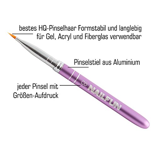 NAILFUN High Quality Pinselset – 7 teilig – lila pink aus Aluminium mit Strasstein Besatz für Nageldesign mit Gel Acryl und Fiberglas - 6