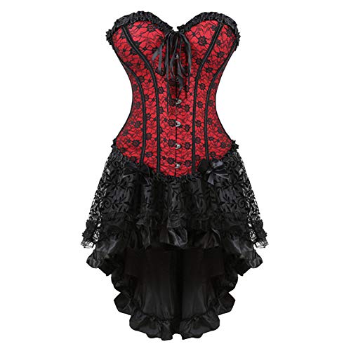 aizen Donne Lace Gothic Corsetto Gonna Alto Basso Vestito Operato del Merletto Partito Bustino Vittoriano Rosso Nero 5XL