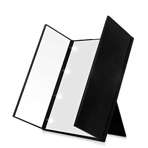 MAXPRETTY 3-folds Handheld Spiegel für Make Up Tragbares Design mit beleuchtet LED Lichtern (Batterie im Lieferumfang enthalten)