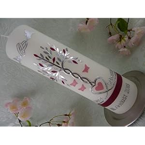 Hochzeitskerze Traukerze Lebensbaum Herz Schmetterlinge Tauben rosa silber 250/70 mm inkl. Beschriftung