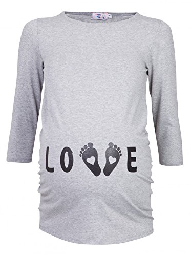 Happy Mama. Women's Maternity Love and Little Feet Funny Print T-shirt Top. 548p (Grey, UK 10/12)