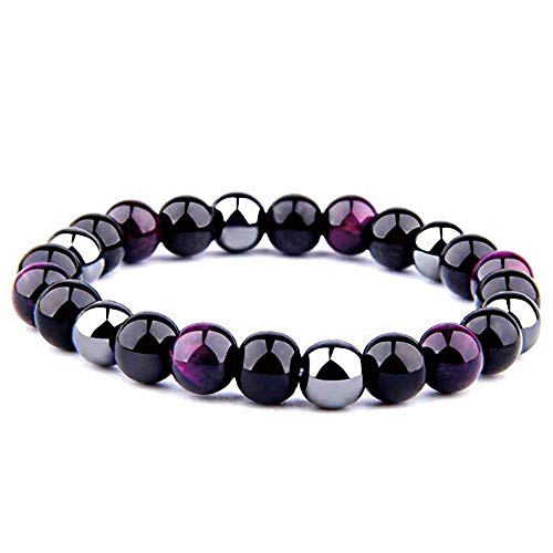 Bracelet Fashion Véritables Pierres Naturelles Triple Protection de 8 mm Hématite Noire Obsidienne et il de Tigre Homme & Femme Marque Française avec Pochette Coton de Protection (Prune, 19)