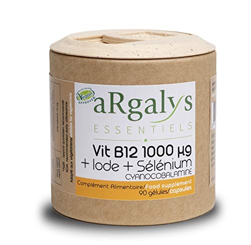 Vitamina B12 1000 ?g + yodo y selenio, cianocobalamina | Cuidado de 45 a 90 semanas | Vegan | Reciclable | 90 cápsulas fabricadas en Francia | Complementos alimenticios | Argalys Essentiels