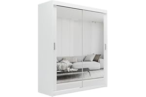 ELUKS SKY Double Sliding Doors Wardrobe with Mirror Drawers Furniture for Bedroom Living Room and Hall Wardrobe Organizer Width 100cm/120cm/150cm/180cm/200cm (White, 150cm)