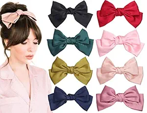 8 Pcs Big Bow Hair Barrettes 8 Inch Satin Solid Hair Bow Handmade Ribbon Bowknot Hair Clips for Women