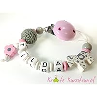 Schnullerkette mit Namen für Mädchen mit Pony / Pferd, Blume und Häkelperle - rosa, grau, weiß