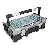 ZWEI EBENEN: Das Hauptfach der Werkzeugbox fasst alle Werkzeuge. Im fest verbauten, herausziehbaren Sortimentskasten mit 15 entnehmbaren Organizer Fächern finden Kleinteile wie Schrauben, Muttern oder Nägel ihren Platz.