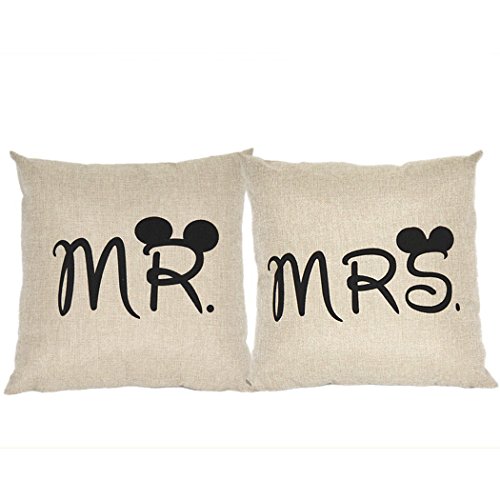 iTemer Kissenbezug Leinen Baumwolle Kissenbezug Karikatur Mr und Mrs Muster 2Pcs