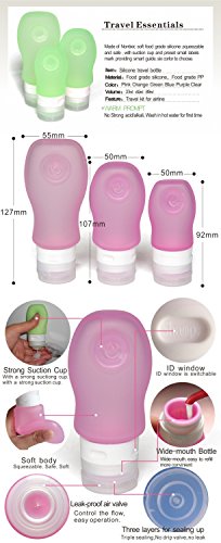 Pure Vie® Silikon Reise Flaschen Set mit Kulturbeutel – 4 Stück / 37ml – Farbige Fläschchen mit Saugnapf und Transparenter Flugzeug Kulturtasche für Handgepäck, Kein Auslaufen, Kosmetiktasche mit Reiseflaschen für Shampoo, Creme, Spülung und Körperpflege - 5
