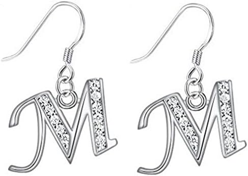 Silver Plated Earring With Simulated Diamond Crystals and Letters Initiale M