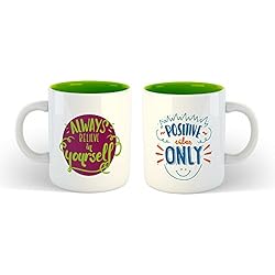 iKraft Dual Tone Green Coffee Mugs Set Inspirational Quotes Always Believe in Yourself and Positive Vibes Only Printed 11oz Ceramic Travel Mug