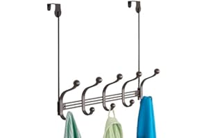 mDesign Wielofunkcyjny wieszak z haczykami z dwiema mo?liwo?ciami monta?u – Metalowy wieszak na drzwi ?azienkowe lub do przedpokoju – Wieszak na ?cian? z 10 haczykami – Br?z