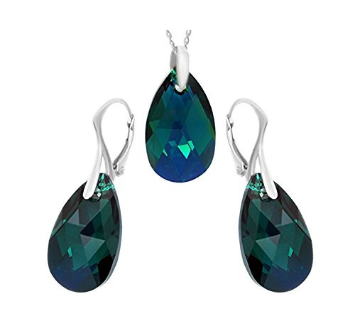 ROYAL CRYSTALSMade with Imitation of Crystals Green Silver Teardrop Pendant Necklace and Leverback Earrings Set for Women, 18"