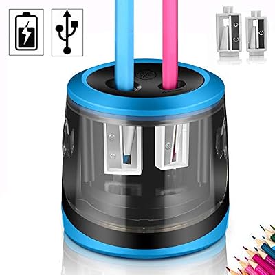 AOBETAK Abetak Taille-Crayon électrique électrique avec Alimentation Secteur 2 Trous, très résistant, avec Grand récipient pour Artistes Enfants, Crayon de Couleur, N°2, Maison et Bureau (Blue)
