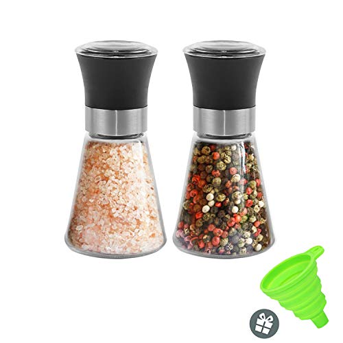 LATOW Molinillo de Sal y Pimienta 2 Piezas, Molinillo de Cerámica Finura Ajustable, Molino de Pimienta, Molino de Sal, Saleros y Pimenteros, para Especias/Pimienta/Sal(Embudo Plegable Incluido)