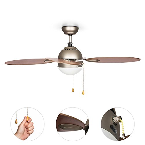 Klarstein • Valderama • Deckenventilator • mit Beleuchtung • 4 Rotorblätter • laufruhig • 106 cm Durchmesser • zwei Drehrichtungen • integrierte Deckenleuchte • 2 x 43 Watt • Kettenzug • 3 Geschwindigkeiten • Korpus aus gebürstetem Nickel • hellbraun - 3