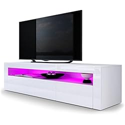 Vladon Meuble TV Bas Valencia, Corps en Blanc Mat/Façades en Blanc Haute Brillance Une Bordure en Blanc Haute Brillance