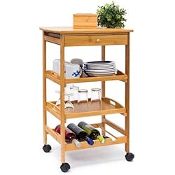 Relaxdays Desserte de cuisine JAMES L en bambou avec 4 roulettes tiroirs chariot rangement pour assiettes bouteilles vin HxlxP: 80,5 x 50 x 37 cm îlot avec 2 tablettes, nature