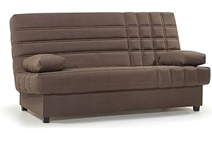 SHIITO | Sofá Cama 3 Plazas con Arcón - Modelo Trevor - Apertura Clic-Clac | 100x193x100 cm | 2 Cojines Incluidos | Color Marrón Chocolate | Comodidad con Estilo
