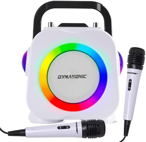DYNASONIC Cassa Bluetooth senza fili con luci LED. Macchina per karaoke portatile con due microfoni. Regalo originale. Altoparlante (Dk-201 nero)