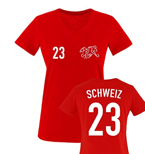 EM 2016 – TRIKOT – EM 2016 – SCHWEIZ – 23 – Damen V-Neck T-Shirt – Rot / Weiss Gr. M