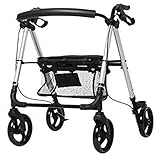 Transport Roller Walker with Seat and 4 Wheels, Height Adjustable Compact Mobile Lightweight Aluminum Folding Front Roller Black
