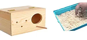 Sage Square Special Combo of Jumbo Size Natural Wood Mountable Nest Cum Breeding Box with Perch Attached (Design for Medium Size Birds) with Nesting Material (100grm)