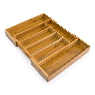 Relaxdays Range-Couverts extensible en Bambou de 5 à 7 compartiments HxlxP : 5 x 48,5 x 37 cm tiroir de cuisine ajustable de 31 à 48,5 cm organiseur de tiroir réglable pratique, nature