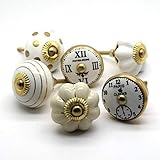 Set von 6vintage shabby chic weiß creme schwarz weiß gold Potterstone Paris Uhr Spots Streifen Pilz Schranktürknauf Keramik Porzellan