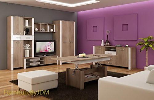 Living Room Furniture Set, TV Wall Unit "HUGO II" TV Bench, Free Standing Display Unit, Wall-mounted Shelve, 2D Wardrobe, Chest Of Drawers and Top Lift-up Coffee Table. (Sonoma Oak Light/White Gloss)