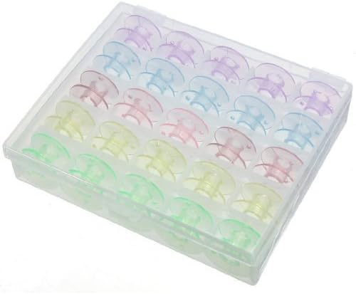 Box With 25 Empty Bobbins Sewing Machine Spools Colorful Plastic Cases Storage