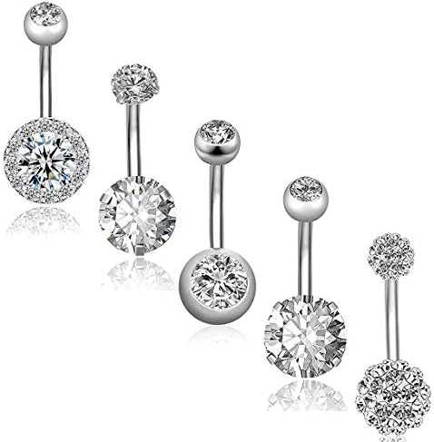 Kingus Belly Bars Set Belly Button Ring Belly Cubic Zirconia Ball Navel Rings Belly Bar Rings Body Jewelry Set, Silver