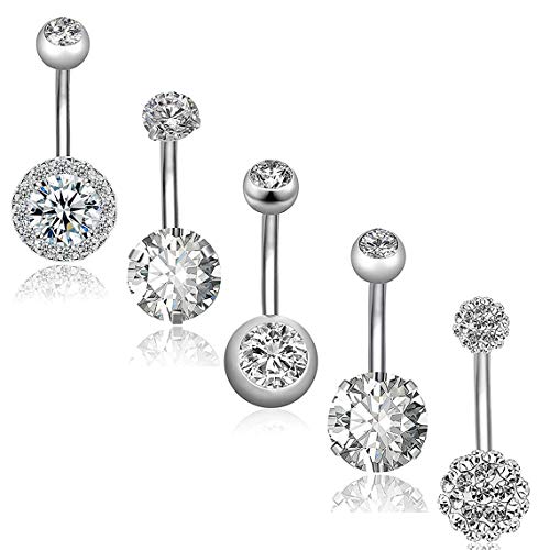 Kingus Belly Bars Set Belly Button Ring Belly Cubic Zirconia Ball Navel Rings Belly Bar Rings Body Jewelry Set, Silver