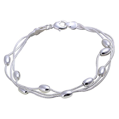 joyliveCY-Unique Fashion 925 ba?ado en plata cadena de joyerªa mano pulsera de perlas de tres cadenas con Oval lisa