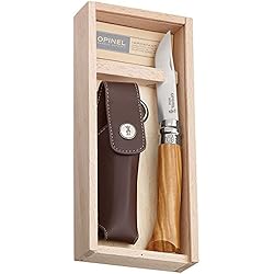 OPINEL - N°08 Luxe Olivier et Étui Alpine Brun - Couteau Pliant de Poche Bois d'Olivier - Acier Inoxydable - Coffret Bois Couteau - Lame Inox 8,5 cm