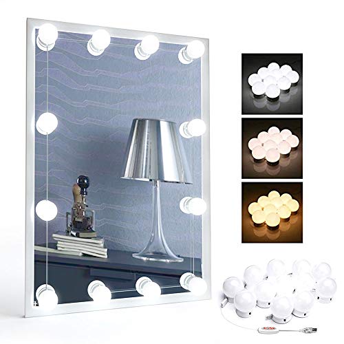 Wonstart - Kit de iluminación LED para espejo estilo Hollywood, 12 bombillas LED, intensidad regulable, incluye tiras de fijación, ideal para tocador, espejo no incluido