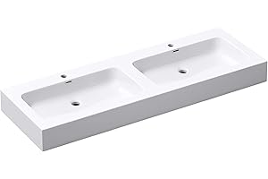 doporro Lavabo da Appoggio, Lavandino Bagno 140x48x13cm, Lavabo da Minerale Fuso Colossum830, due Fori per la Rubinetteria, Bianco Opaco